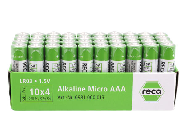 RECA BATTERI AAA LR03 40PK ALKALISKE 