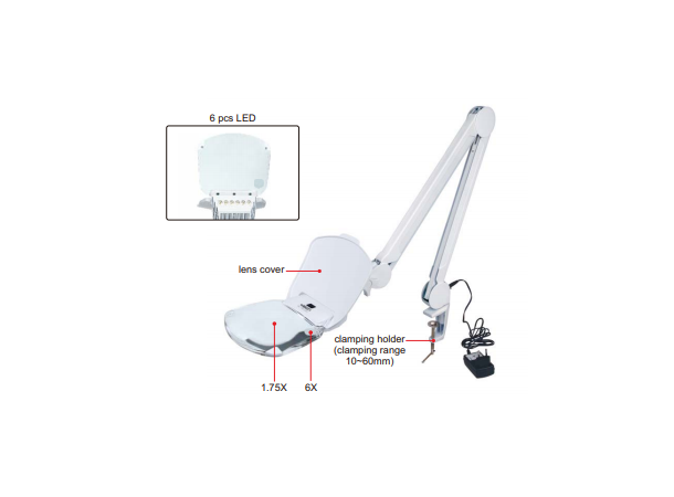 Insize 7520-320D Table magnifier med lys Forstørrelse = 1.75/6X linse = 160x127mm 